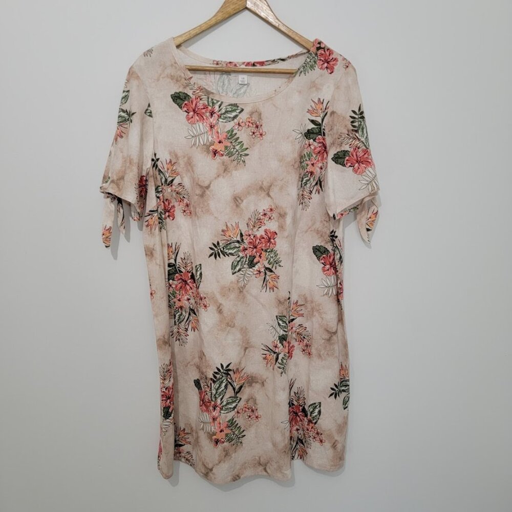 Chloe + Rene Womens Floral Linen Midi Dress Sz 1X Tie Sleeves Boho Beach Travel
